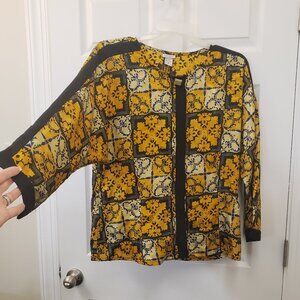 Nicola, gold orange black mix media long sleeve button blouse, SZ16